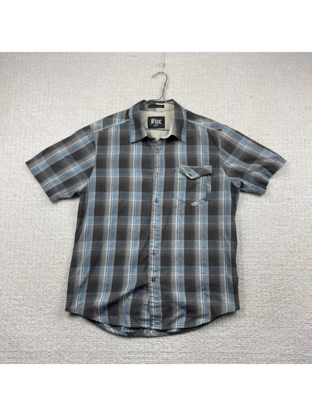 Y2K Fox Racing Button Shirt Blue Gray Plaid Short Sleeve Mens Size L Grunge Moto